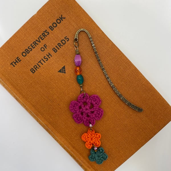 Bookmark with upcycled beads and crocheted flowers, pink, orange & green