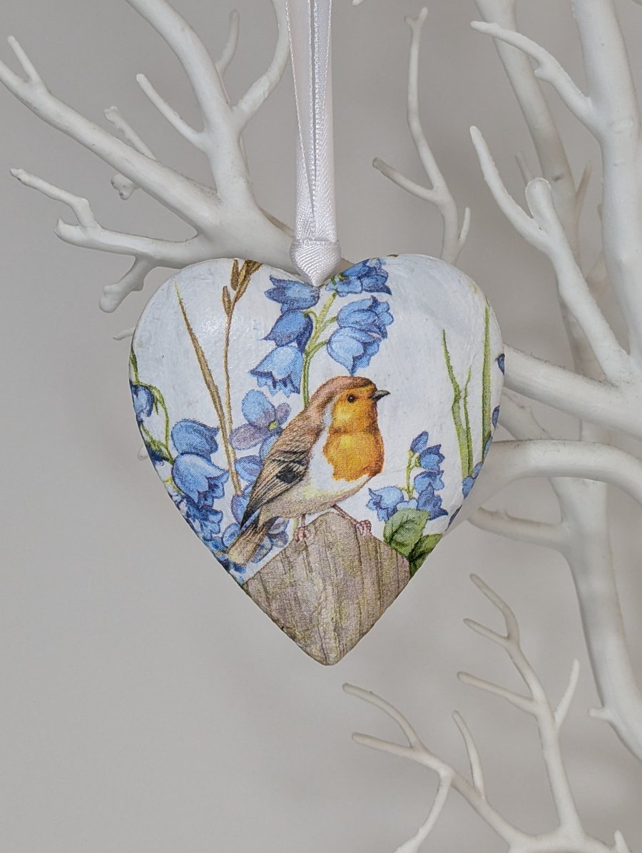 Robin and bluebells wooden heart hanging decoration, gift for a bird lover 
