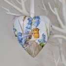 Robin and bluebells wooden heart hanging decoration, gift for a bird lover 