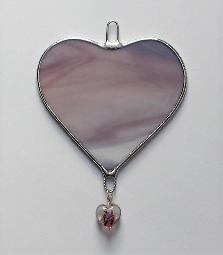 Stained Glass suncatcher (Love Heart) purple and white glass with heart bead