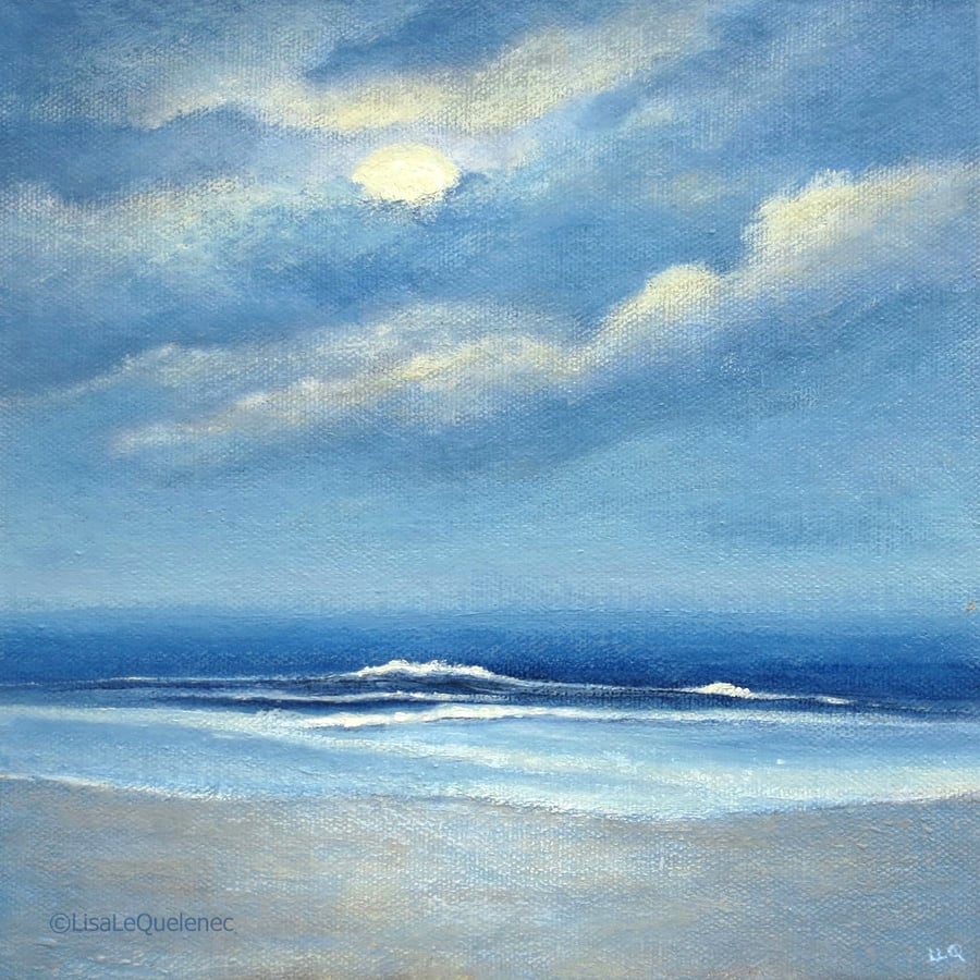 Moonlit beach original painting seascape view coastal art