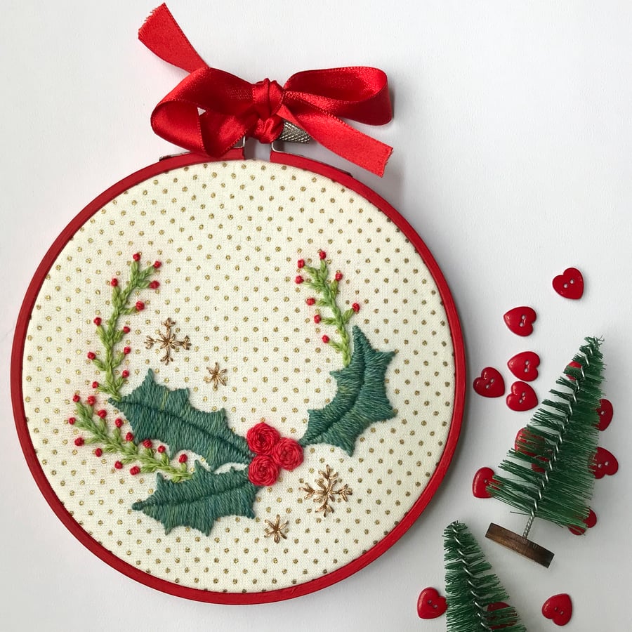 Christmas Wreath Hand Embroidery, Hoop Art, Christmas Decoration Free UK postage