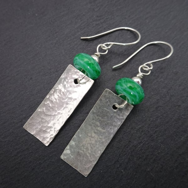 sterling silver earrings, green lampwork glass and silver charms