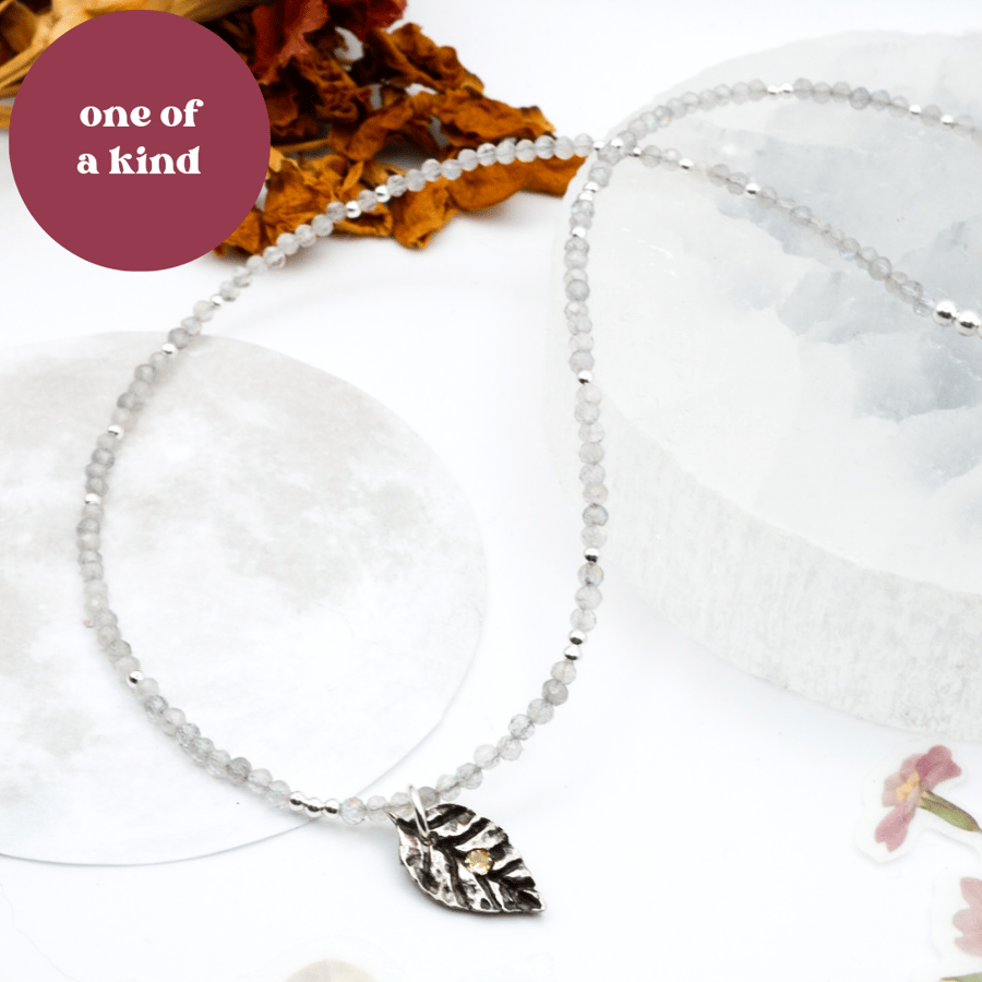 Labradorite Gemstone Necklace & Solid Fine Recycled Silver Blackberry Leaf Charm