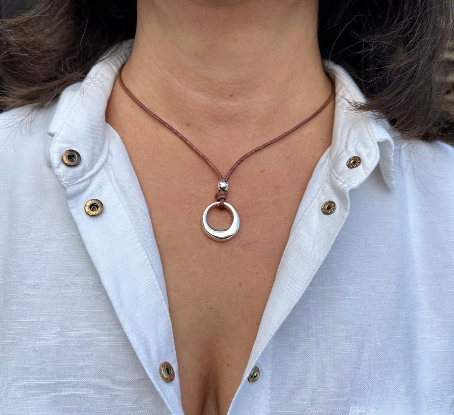 Leather Choker Necklace, Silver Plated Ring Pendant, Boho Knot Design