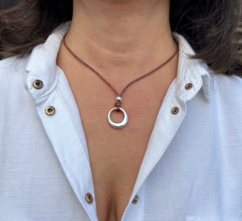 Leather Choker Necklace, Silver Plated Ring Pendant, Boho Knot Design