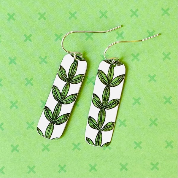 Recycled tin green leaf cactus oblong drop earrings