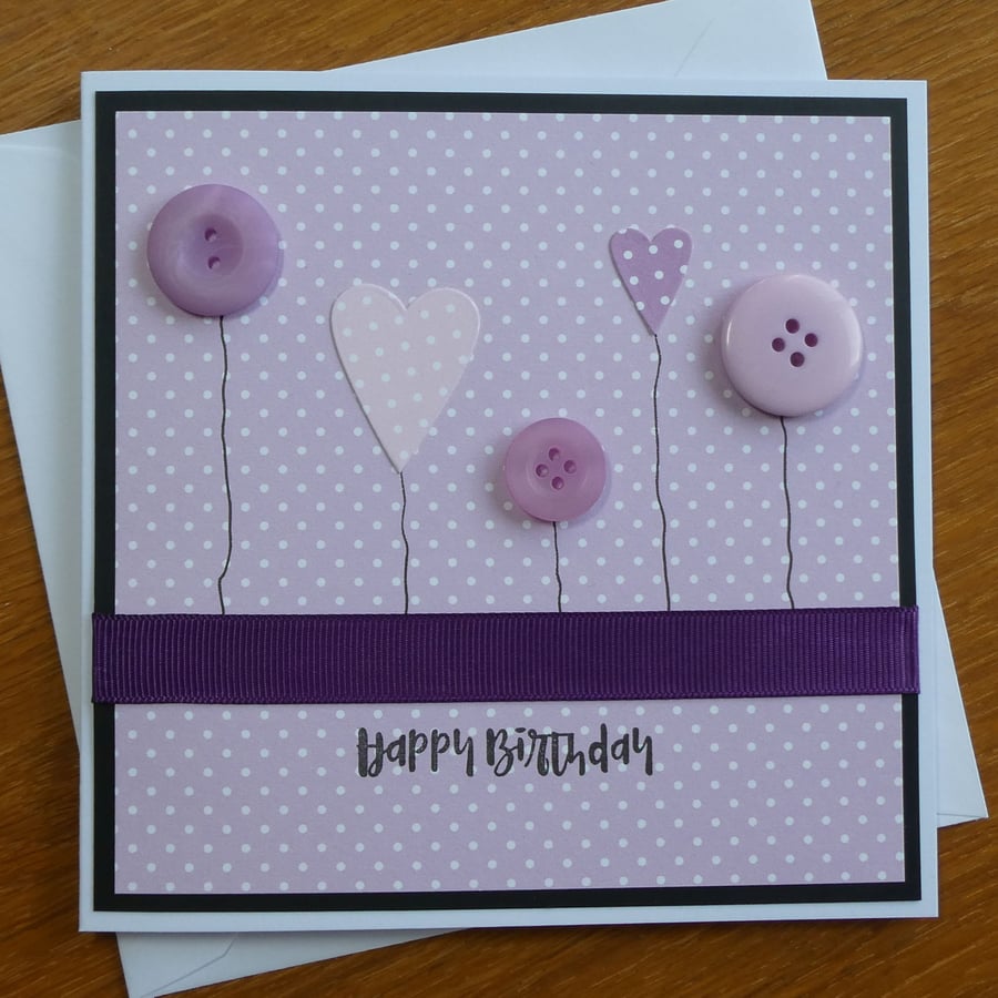 Button Flowers Birthday Card - Pink and Lilac