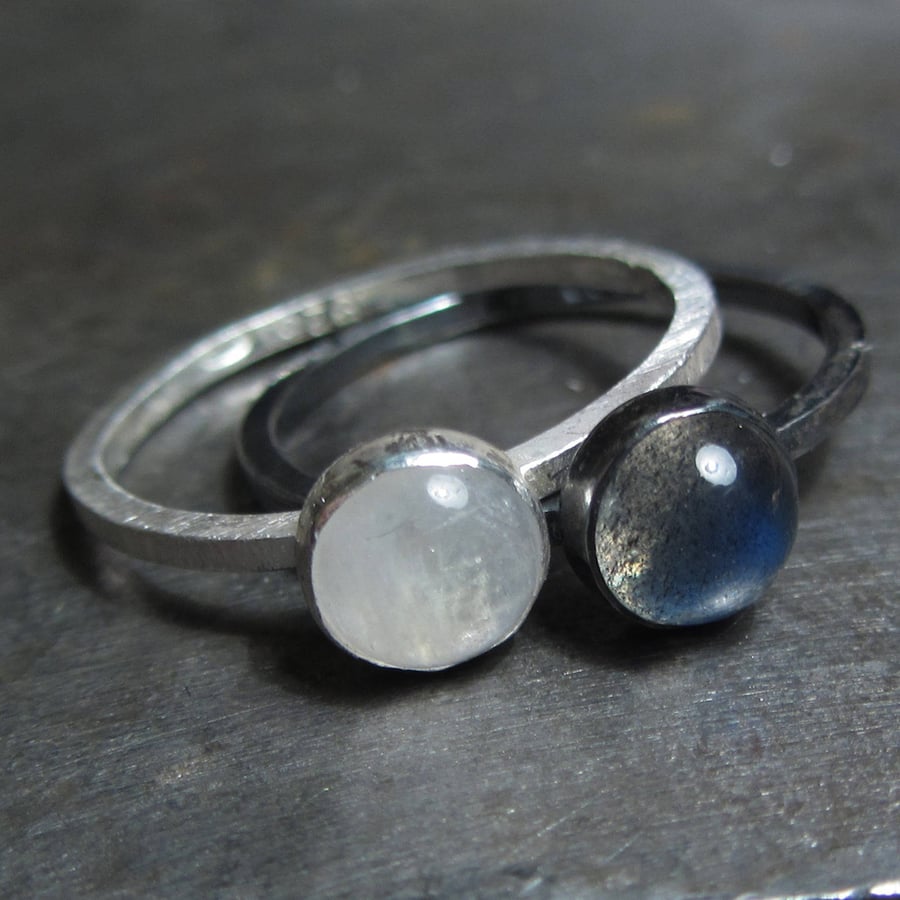 Set of minimalist gemstones ring set in silver