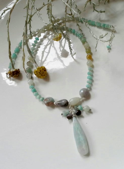 Designer Amazonite Drop Cluster Sterling Silver Necklace
