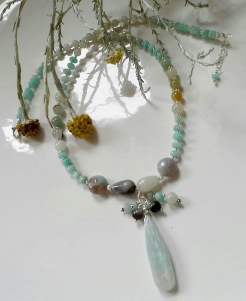 Designer Amazonite Drop Cluster Sterling Silver Necklace
