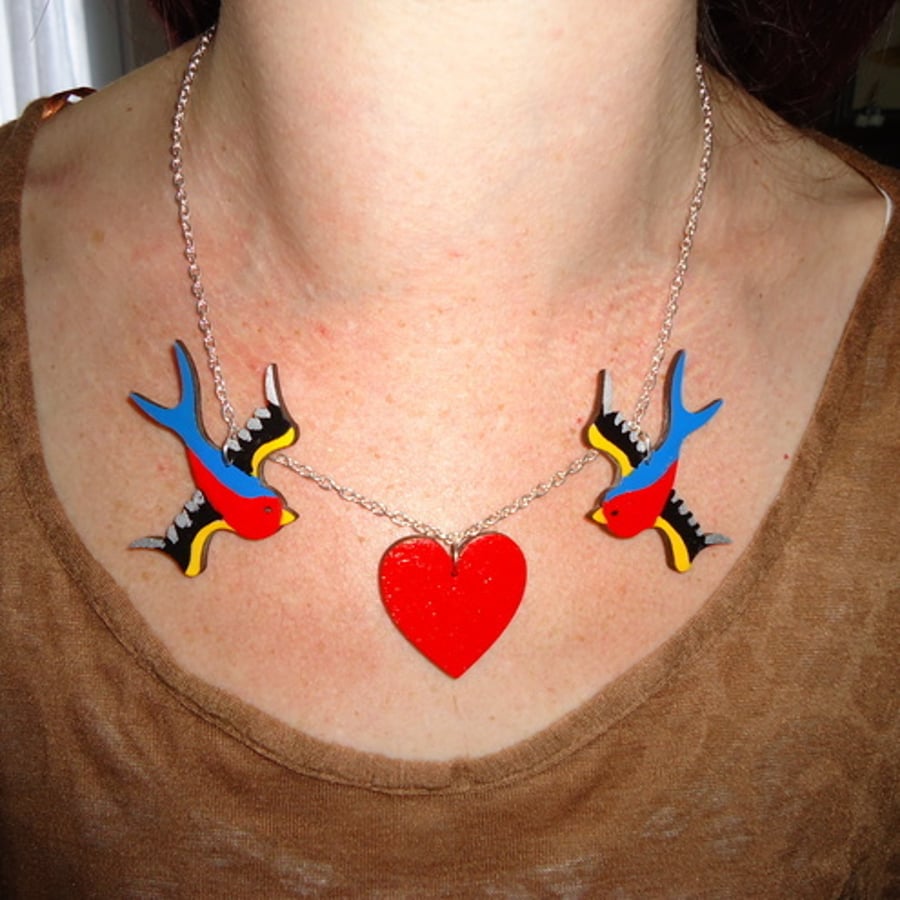Tattoo style Wooden Swallow Love heart  necklace
