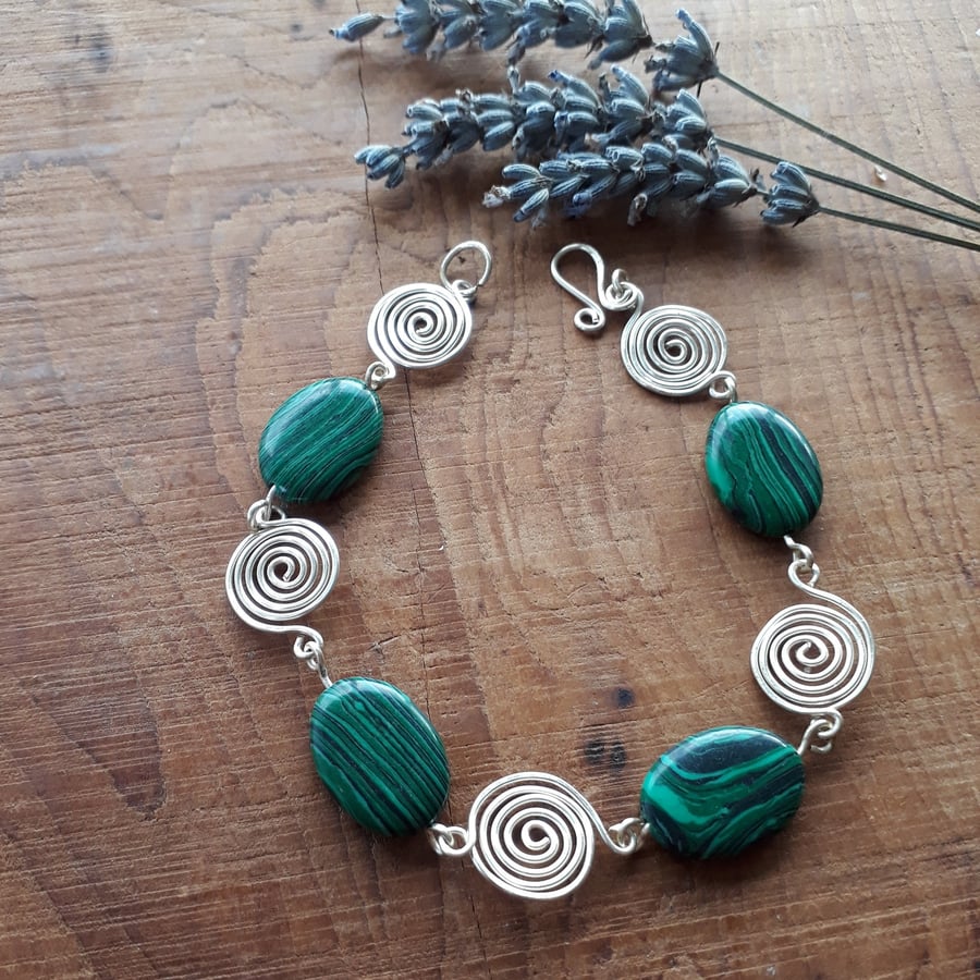 Green Malachite Silver Spiral Bracelet