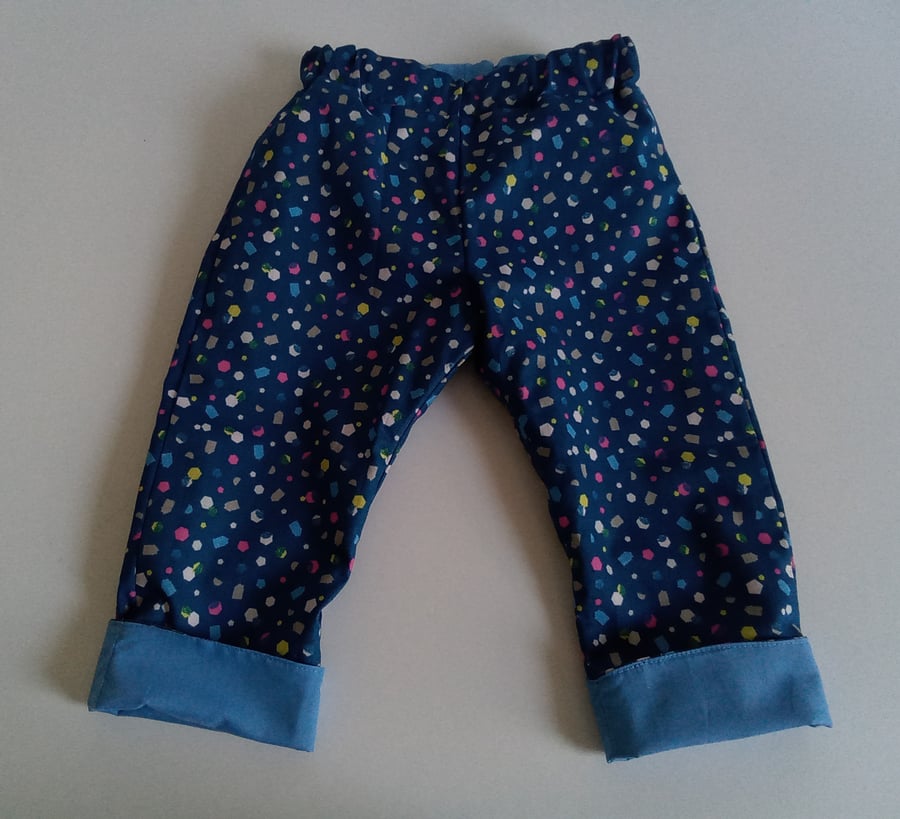 Blue Trousers, 9-12 months,  Summer Trousers, reversible cotton Trousers