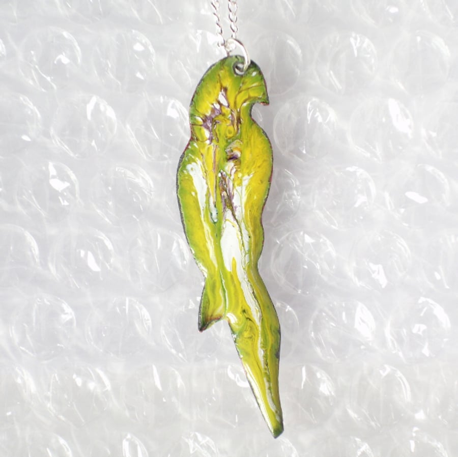 parrot pendant- scrolled white and dark red over yellow on clear