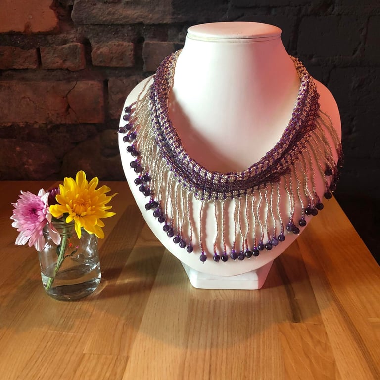 Amethyst Seed Beaded Scarf Necklace