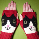 Knitted Cat Fingerless gloves, red wool tuxedo kitty wrist warmers