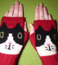 Knitted Cat Fingerless gloves, red wool tuxedo kitty wrist warmers
