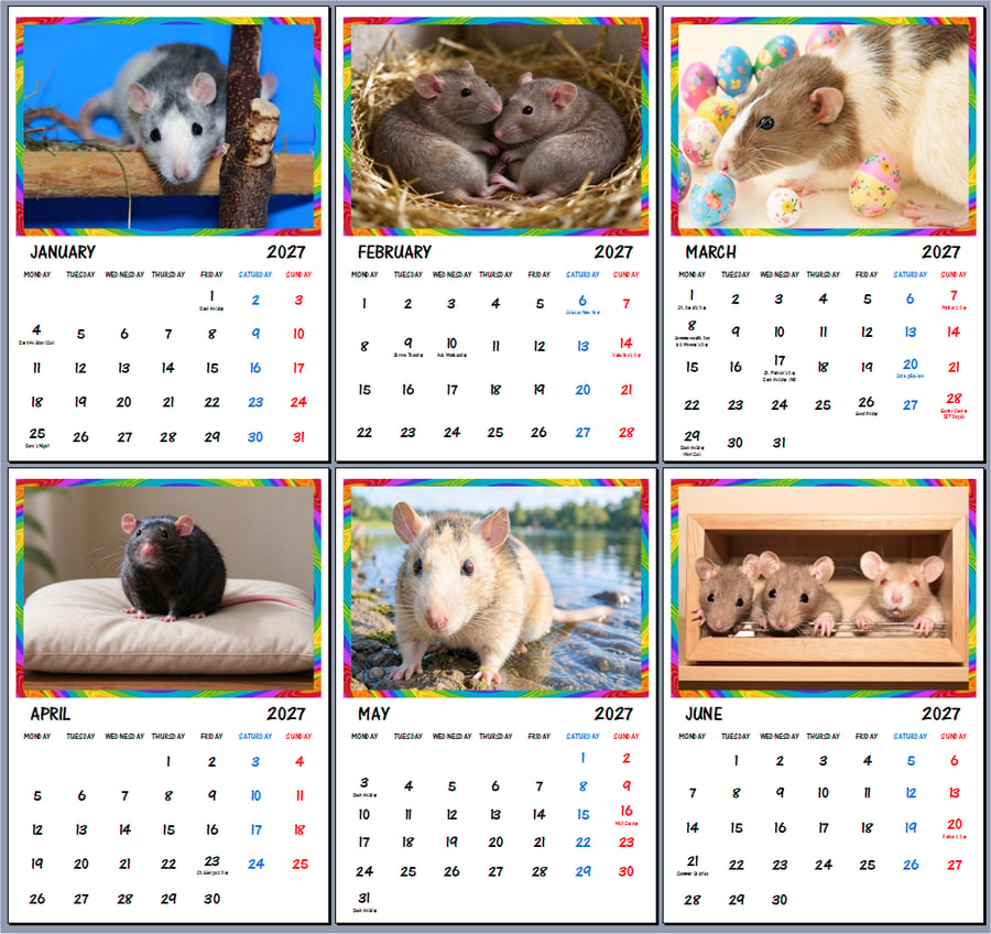 2027 Calendar Rats A4 Size Wall Hanging 