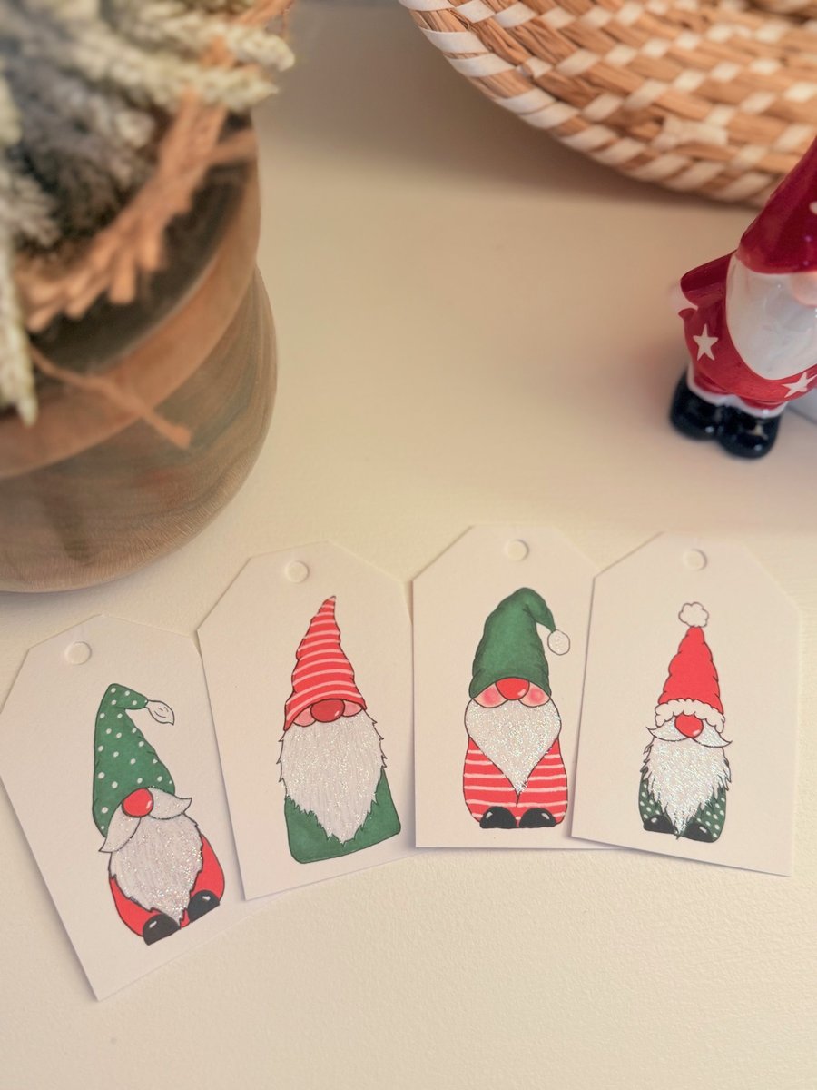 Hand glittered Christmas Tags, Christmas Gonks, Pk of 4 Tags, String Inc. 
