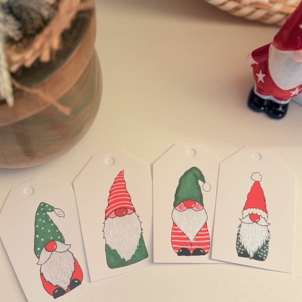 Hand glittered Christmas Tags, Christmas Gonks, Pk of 4 Tags, String Inc. 