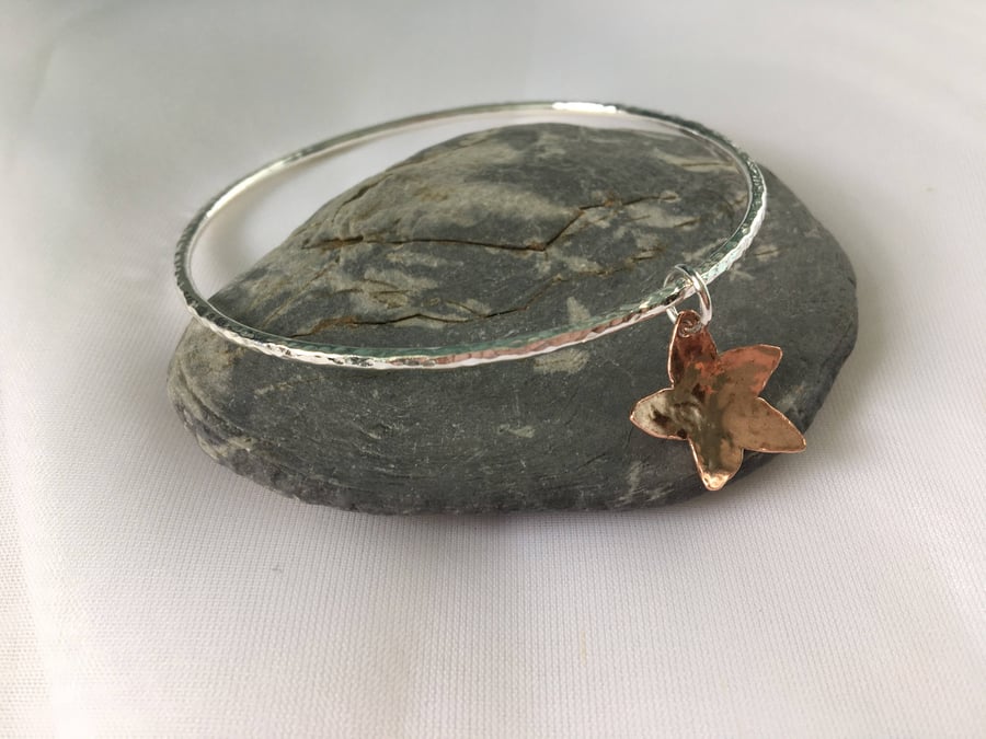 Sterling Silver With Copper Star Charm Bangle, Star Charm Bracelet