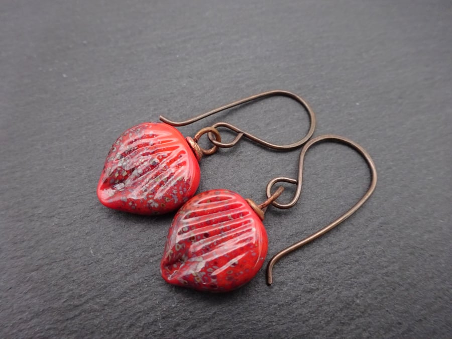 lampwork glass leaf earrings, copper jewellery