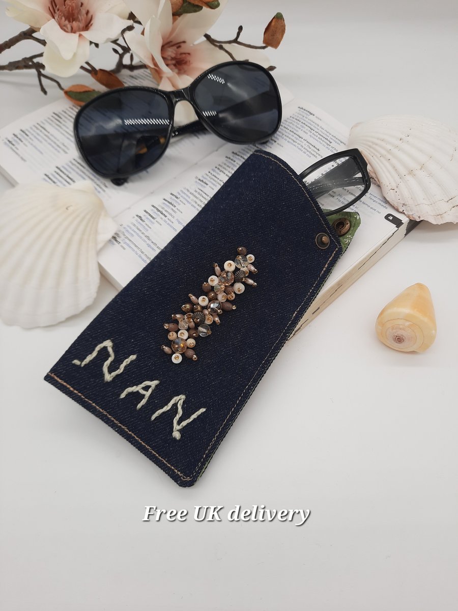 Glasses case for Nan in denim with bead cluster.