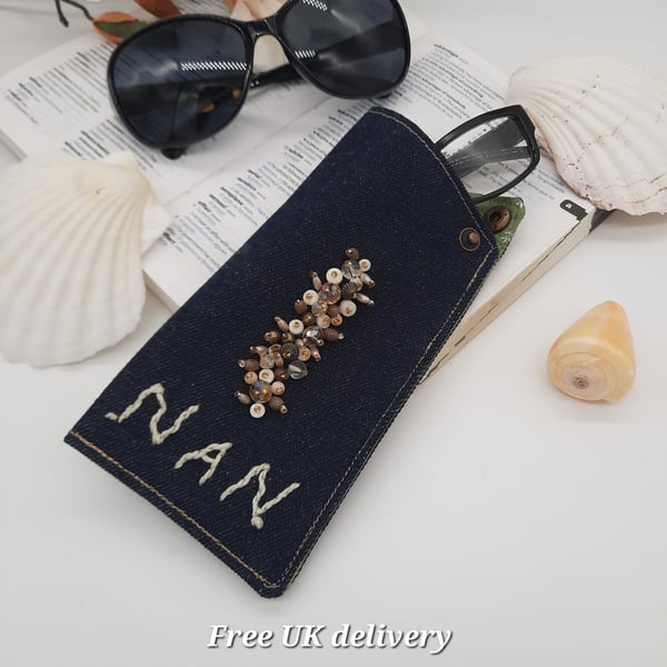 Glasses case for Nan in denim with bead cluster.