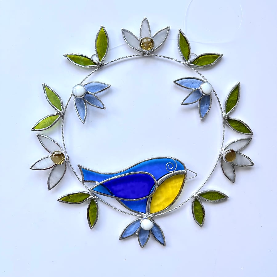 Stained Glass Blue Tit Spring Suncatcher - Handmade Window Decoration