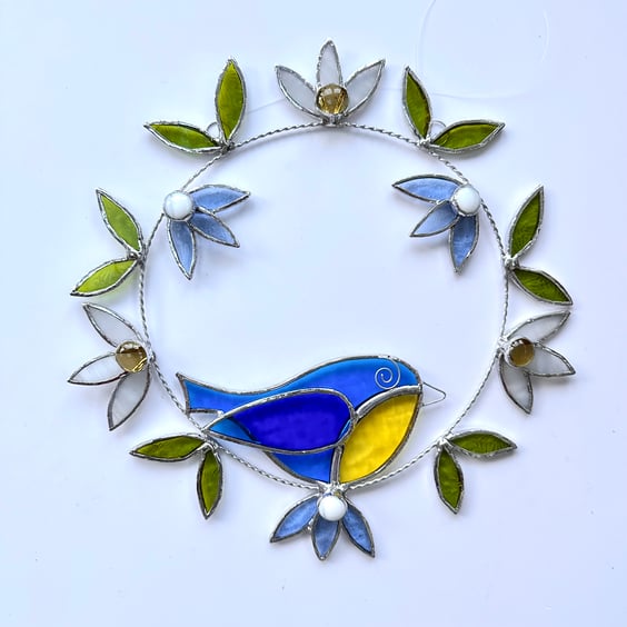 Stained Glass Blue Tit Spring Suncatcher - Handmade Window Decoration