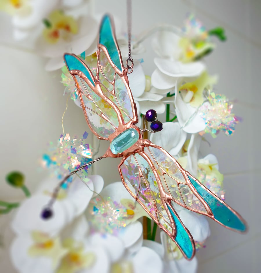 Dragonfly Crystal and Stained Glass Suncatcher Window Ornament Home Garden