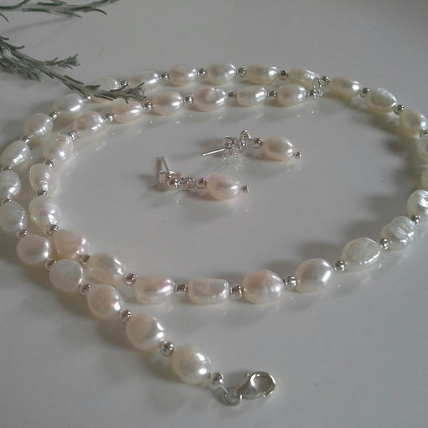 Quality Ivory Rice Keshi Culture Pearl Sterling Silver Bridal Necklace Set