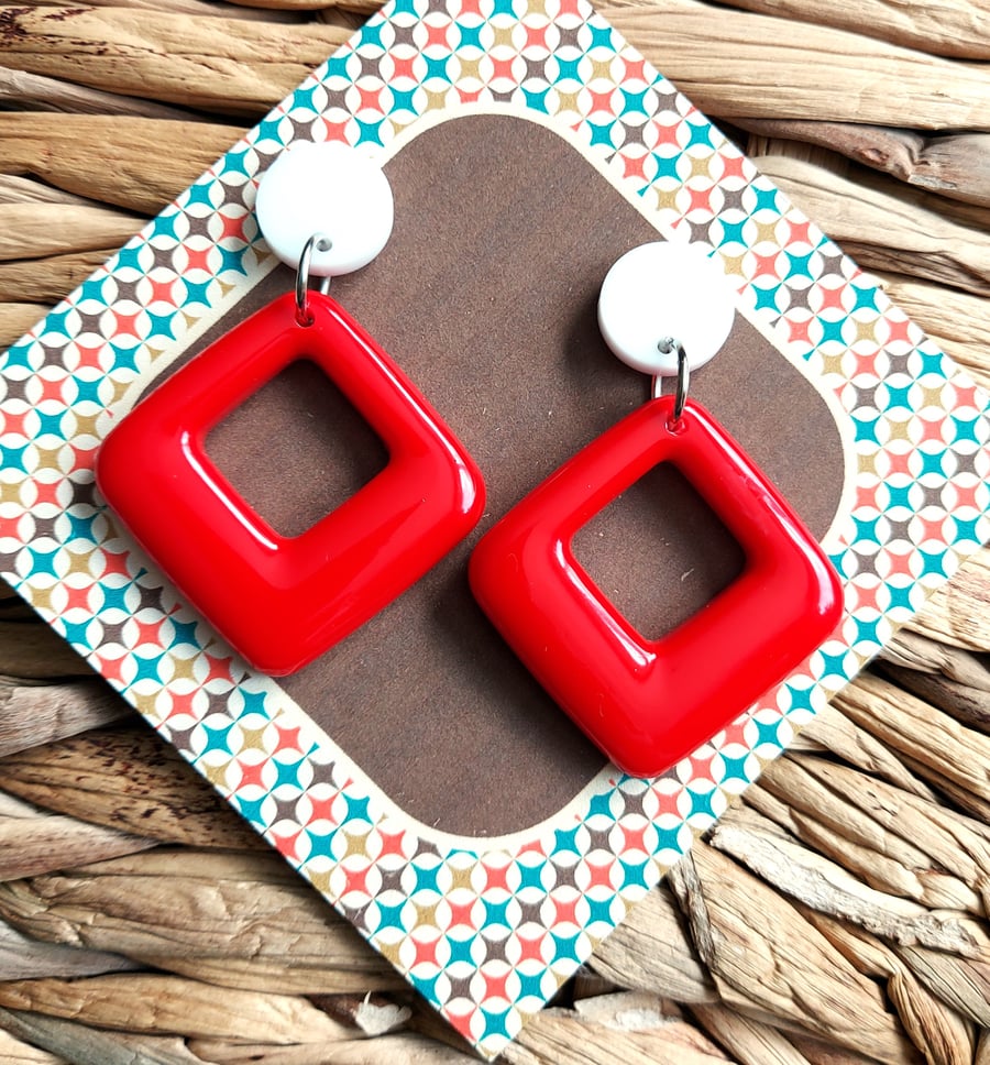 1960s Inspired Red Geometric Drop Earrings, Handmade Resin Jewellery.