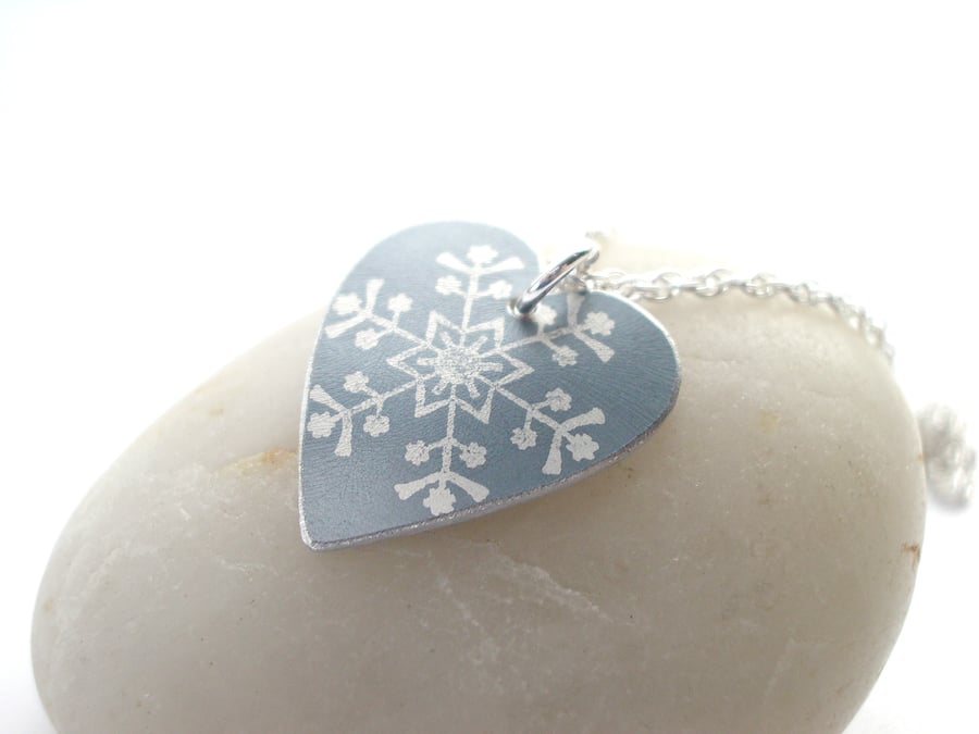 Christmas snowflake heart pendant in silver grey 