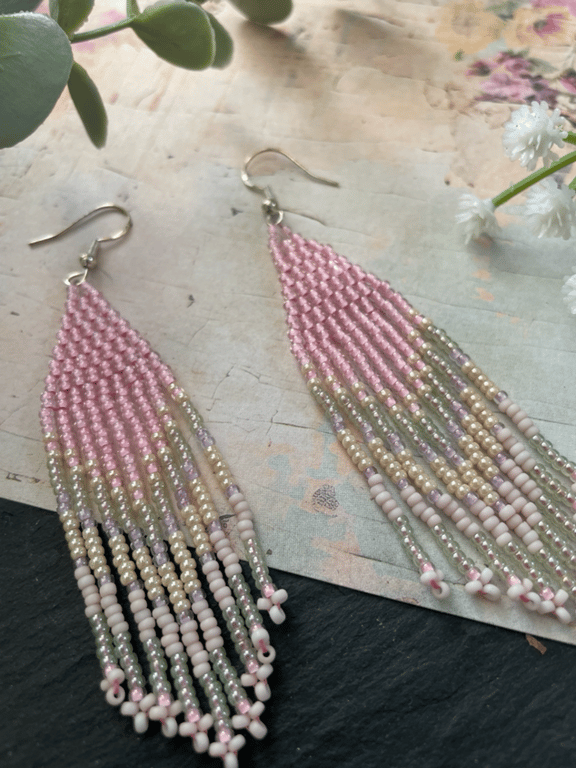 Earrings,  beaded fringe statement earrings, dangle earrings