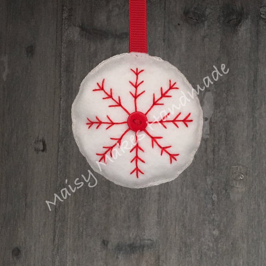 Christmas Snowflake 100% Wool Felt Hanging Decoration in White