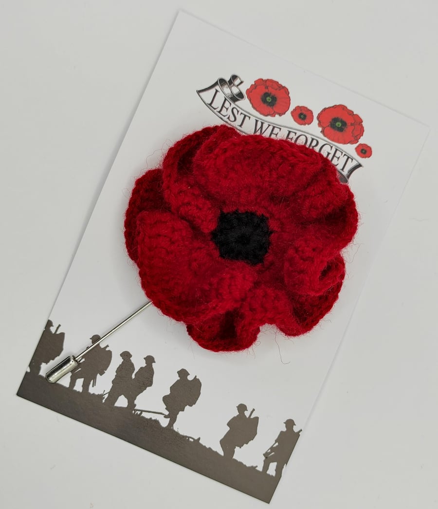 Red Poppy flower knitted brooch. Remembrance Day Brooch. Lest we forget.