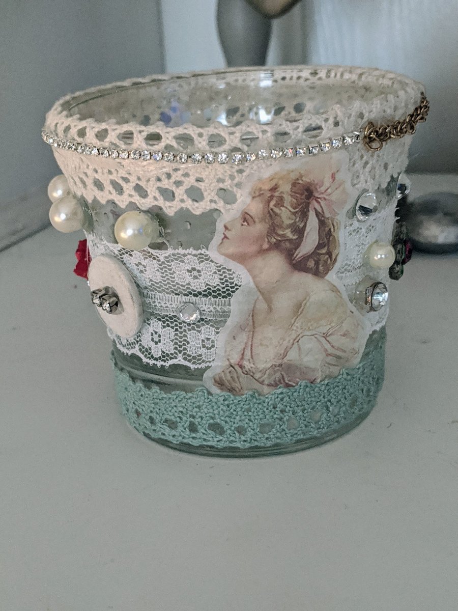 Hand decorated repurposed tea light holder