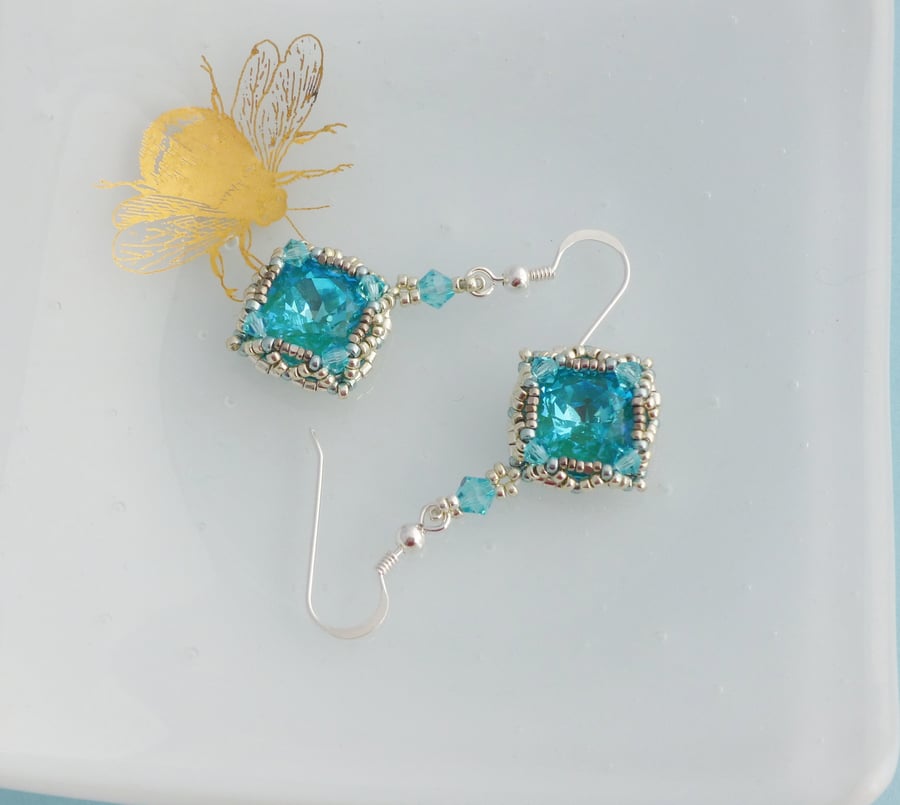 Aqua Blue Green Crystal Vintage Style Earrings