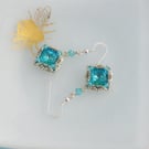 Aqua Blue Green Crystal Vintage Style Earrings
