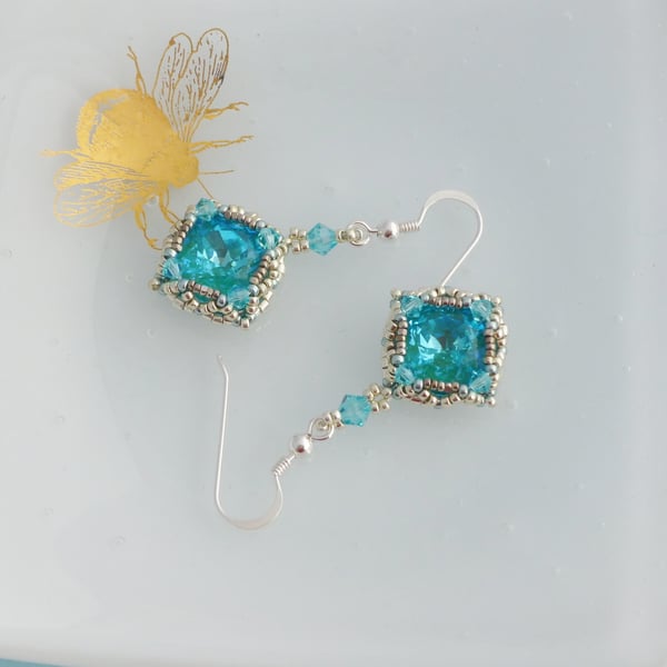 Aqua Blue Green Crystal Vintage Style Earrings