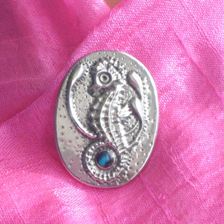 Silver Pewter Seahorse Brooch with Paua Shell