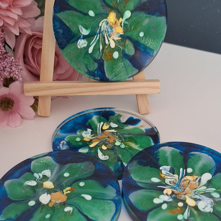 Peacock Bloom Handmade Resin Coasters with Holder Blue, Green & Gold 