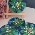 Peacock Bloom Handmade Resin Coasters with Holder Blue, Green & Gold 
