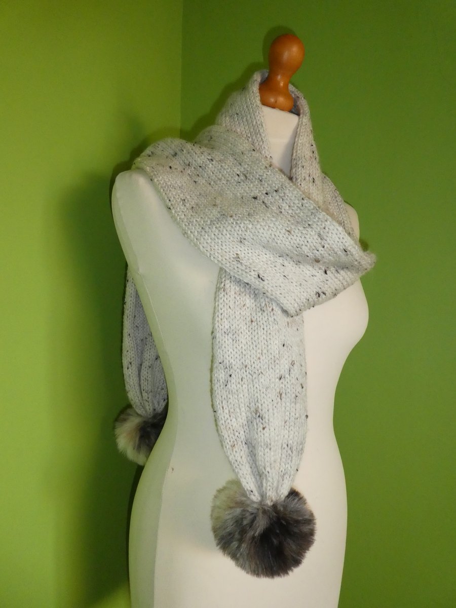 Skinny Alpaca Blend Scarf with Faux Fur Pom Poms