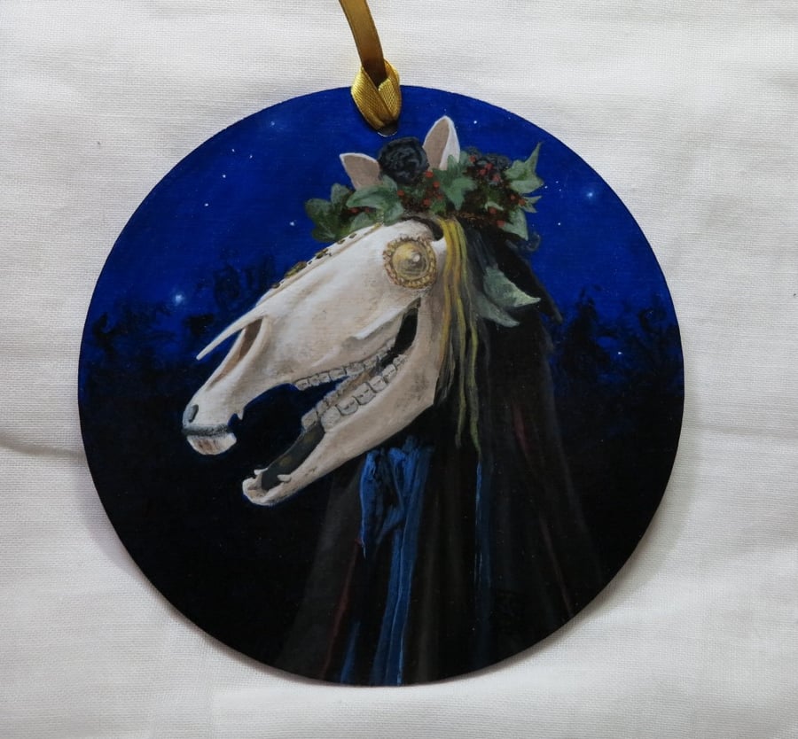 SALE! Spooky Mari Lwyd original oil painting round panel