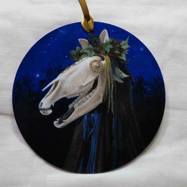 Spooky Mari Lwyd original oil painting round panel