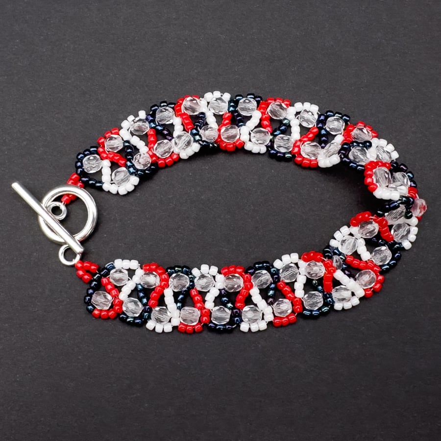 Handmade Crystal and Bead Bracelet Red White and Blue