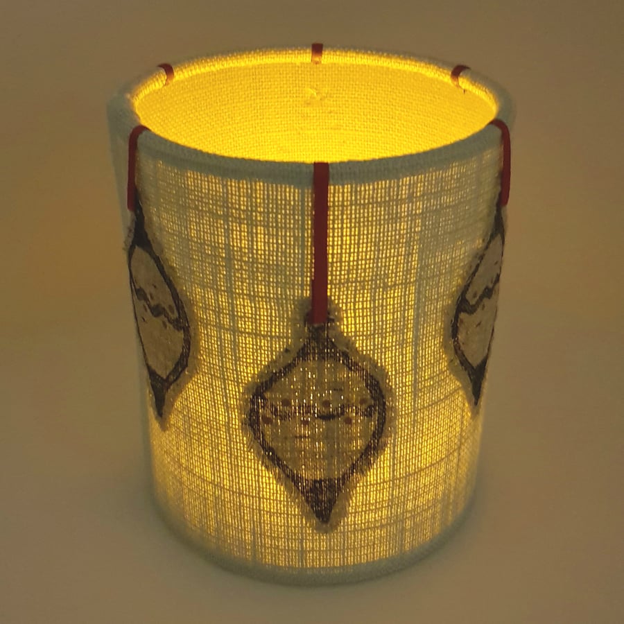 Hand printed bauble lantern with LED candle (Pale blue with red ribbon)